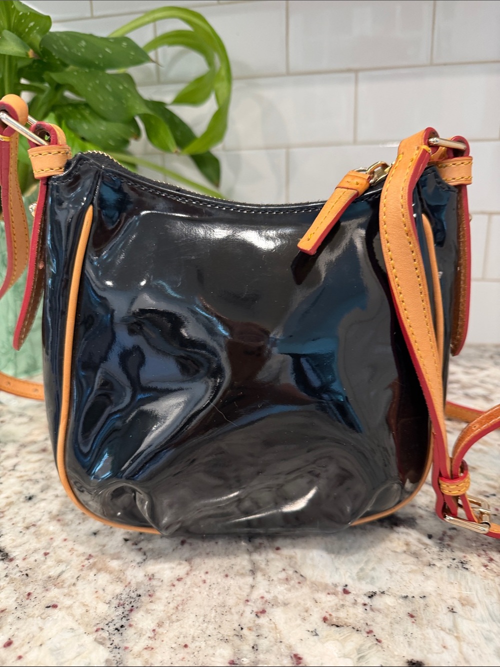 Dooney & Bourke Black Patent Crossbody with Tan Trim - Picture 8 of 15